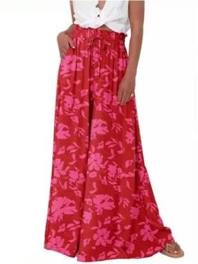 Red & Pink Floral Wide Leg Palazzo Pants
